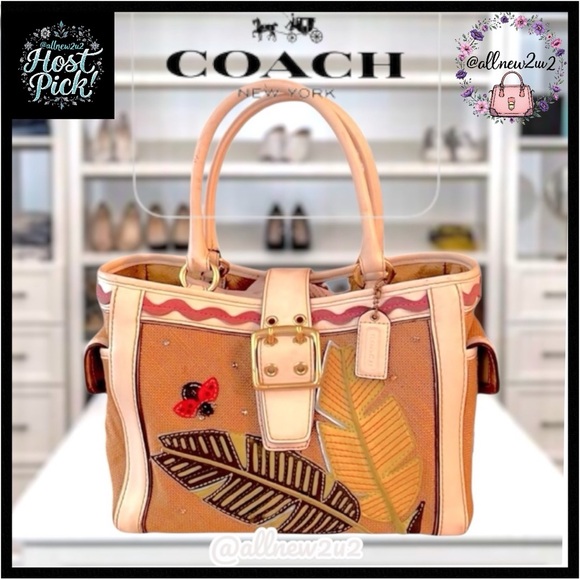 Coach Limited Edition Leafy Lady Bug Boxy Straw / Burlap & Leather Bag Host Pick - Picture 1 of 16